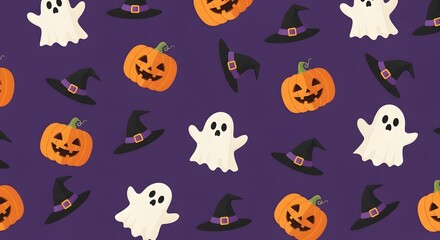 Spooky Season Jack OLanterns Friendly Ghosts And Witch Hats Dance Across APurple Background Creating AFestive Halloween Design