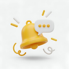 3d render of a yellow notification bell with a speech bubble and confetti, isolated on white background, symbolizing alerts and messages