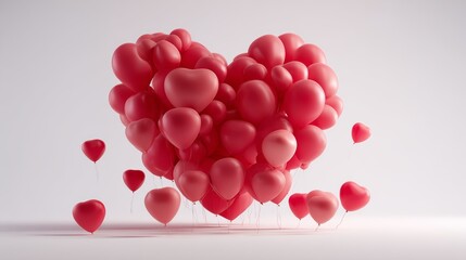Heart-shaped red balloons cluster on white background