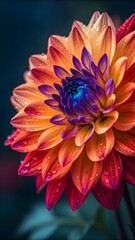 Obraz premium Colorful Dahlia Flower In Full Bloom With Vibrant Orange Red And Purple Petals Covered With Fresh Water Droplets