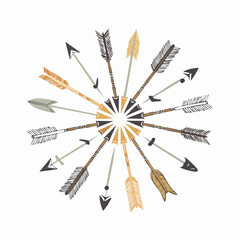 A set of decorative arrow mandala vector illustrations arranged in radial symmetry. Perfect for boho, tribal, ethnic, and geometric design projects, suitable for backgrounds, patterns, crafts, or bran