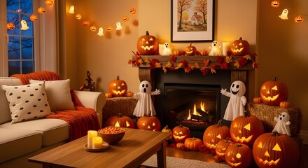 Cozy Halloween living room decorated with carved pumpkins, ghost figures, and warm lighting creates a festive and enchanting atmosphere for the spooky season.
