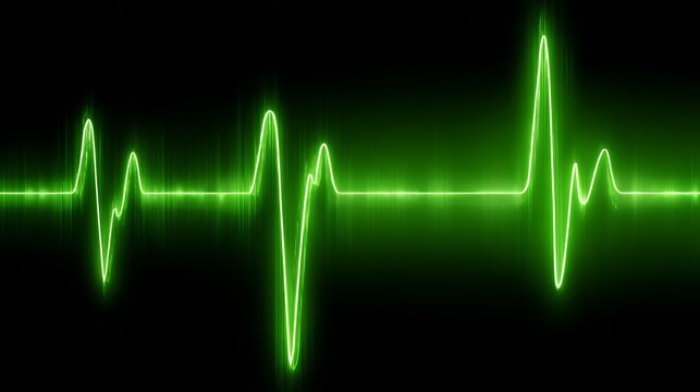 Green electrocardiogram line on black background displaying heartbeat pulses - Powered by Adobe