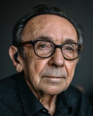 Obraz premium Portrait of a thoughtful elderly man with glasses and deep expressions in soft light