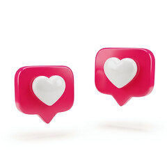 Two pink social media like notification icons with white hearts isolated on white background