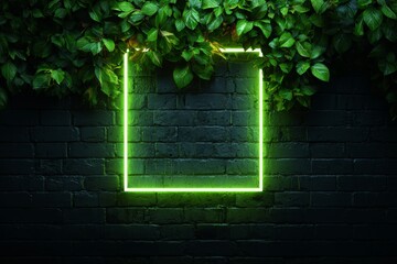 Neon frame on dark brick wall with green leaves overhead