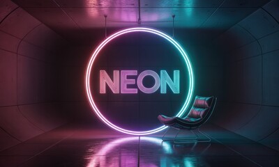 Obraz premium Neon sign in a futuristic, dimly lit space with a comfortable chair