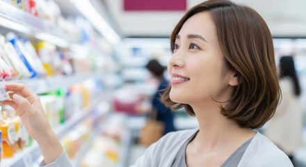 スーパーで買い物をする笑顔の女性
