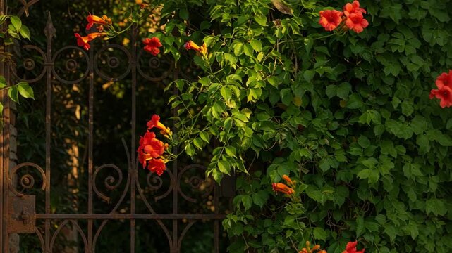 Vibrant garden scene with lush green foliage and bright red flowers