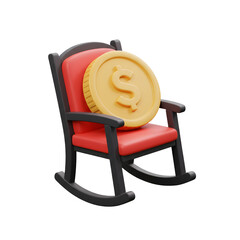 3D Rocking Chair with a Dollar Coin. Retirement Savings, Financial Planning, and Investment Concept.
