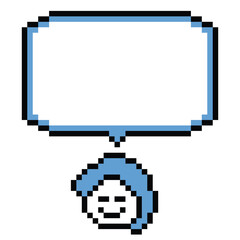 Cartoon pixel cute background man face with chat box blank decoration 8 bit male boy say speak discuss chat box cartoon character pixel 8bit game png vector.