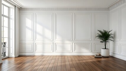 Empty Modern Interior Room With White Classic Wall Panels Wooden Floor Large Window And Green Potted Plant