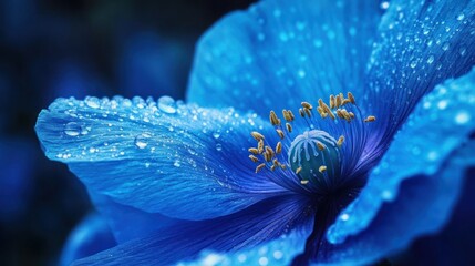 Blue Poppy Flower with Dew Drops: A Macro Photography Masterpiece