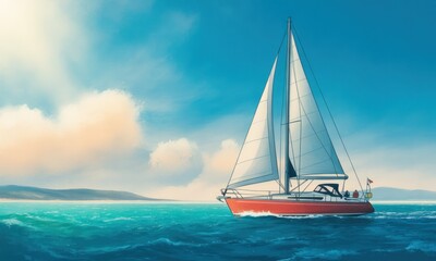 Sailing yacht on a calm sea, vibrant sunset