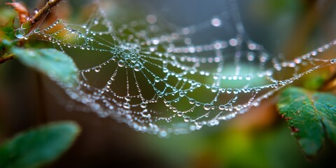 Spider web is covered in water droplets