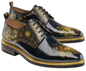 Pair of black leather dress shoes with gold accents isolated on transparent background