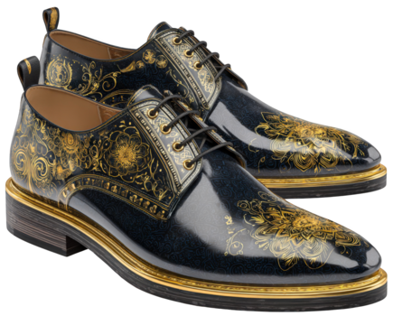 Pair of black leather dress shoes with gold accents isolated on transparent background - Powered by Adobe