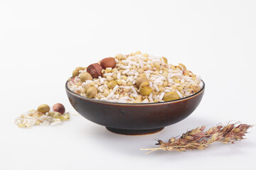 Mixed Grains Legumes Bowl with Soybeans Peanuts Rice Beans Healthy Food Ingredients White Background