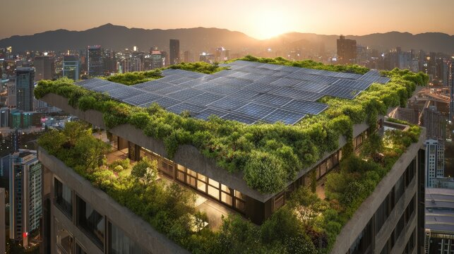 Solar panels on lush green rooftop of urban building at sunset