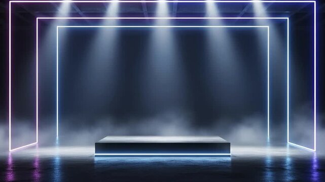 Futuristic stage with glowing neon rectangular frames a central platform and spotlights illuminating a smoky wet-looking concrete room