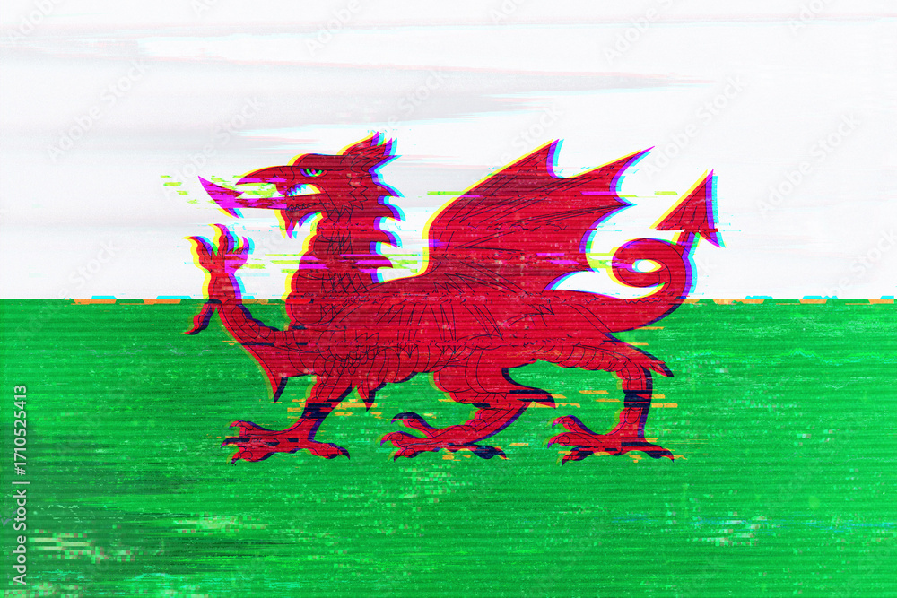 Poster A digitally distorted Welsh flag featuring a vibrant red dragon on a background of white and green, creating a visually striking and contemporary symbol of national identity with a