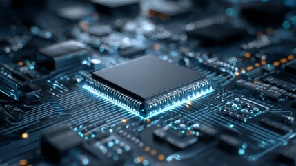 Futuristic microchip on circuit board illuminated in blue light