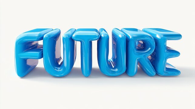 Blue inflatable balloon letters forming the word future on white background
