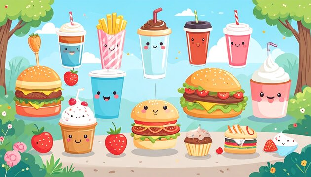 Cute cartoon food and drinks