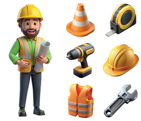 3D icon set about a profession of construction worker