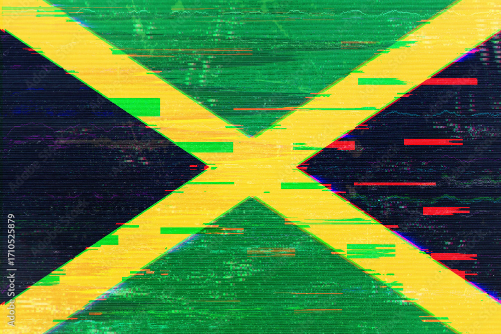 Poster a digitized representation of the jamaican flag using a glitch art style, featuring vibrant yellow d