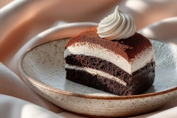 Delicious Layered Chocolate Dessert with Cream Whip on Elegant Plate