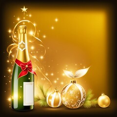 Bouteille de vin p&eacute;tillant et boules de no&euml;l dans une ambiance dor&eacute;e.