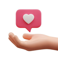 Hand holding a pink speech bubble with a white heart icon, isolated on white background