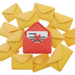 A pile of yellow envelopes with a red open envelope in the center showing a document with a red cross symbol, isolated on white background