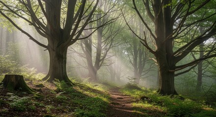 Foglit forest path amid trees verdant ground cover and sunbeams filtering through the canopy