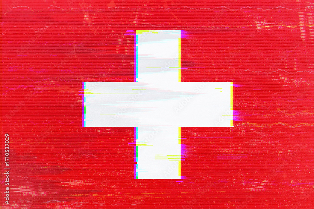 Poster a vibrant red and white cross is digitally distorted, creating a glitch art style of abstract patrio