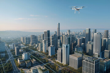 未来都市とドローンテクノロジーの空撮イメージ
