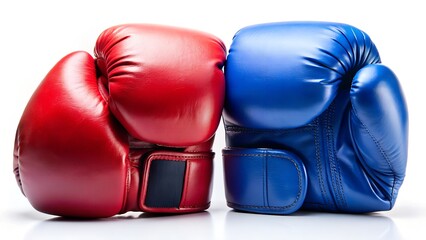 Red and blue boxing gloves facing each other on a white background, symbolizing competition, sport, and the contrast between opposing forces isolated on white background