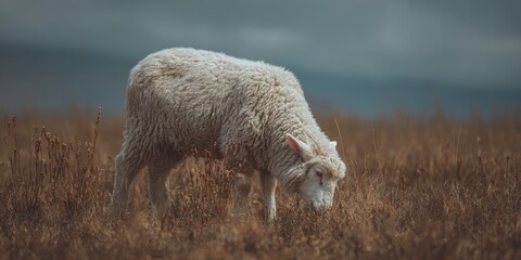 Lone sheep grazing in serene field under cloudy sky