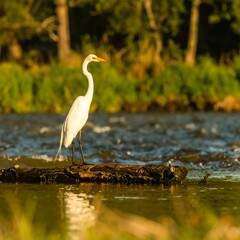 Egrets on log by the river