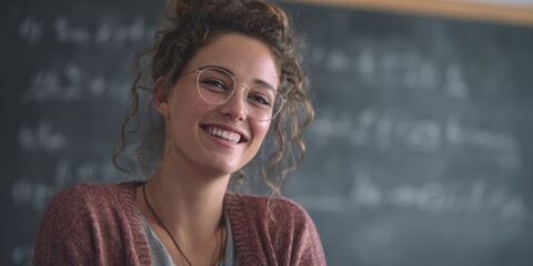 Smiling young caucasian female teacher in classroom with chalkboard background