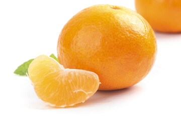 Fresh Ripe Oranges with Peeled Segments on White Background