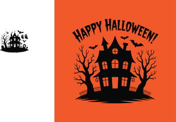 Happy Halloween Illustration with Haunted House, Bats and Spooky Trees on Orange Background