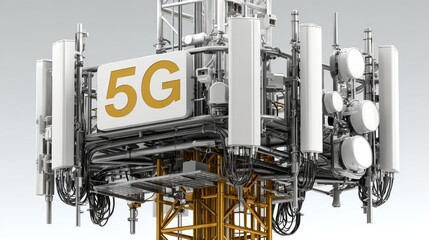 Advanced 5g technology tower with multiple antennas and cables for high-speed communication