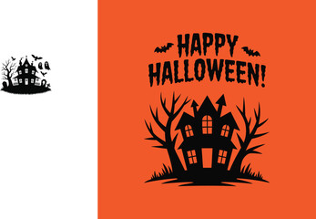 Happy Halloween Illustration with Haunted House, Bats and Spooky Trees on Orange Background