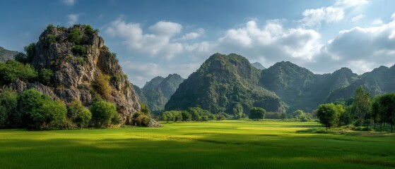Serene Landscape with Lush Green Fields and Majestic Mountains Under Blue Sky