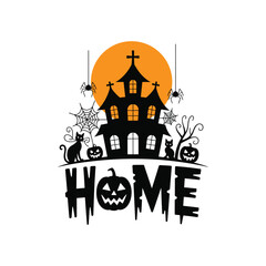 Halloween Haunted House with Cats, Pumpkins, Spiders and Full Moon