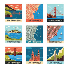 Nine stylized illustrations of San Francisco landmarks and cityscapes, including the Golden Gate Bridge, Alcatraz, and city maps.
