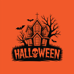 Haunted House with Bats, Skull and Halloween Text on Orange Background