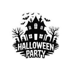 Haunted House with Bats, Trees, and Halloween Party Text – Spooky Holiday Illustration